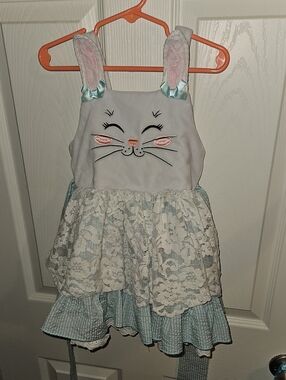 Three By The Sea Girls Bunny Lace Dress with Pastel Blue Skirt